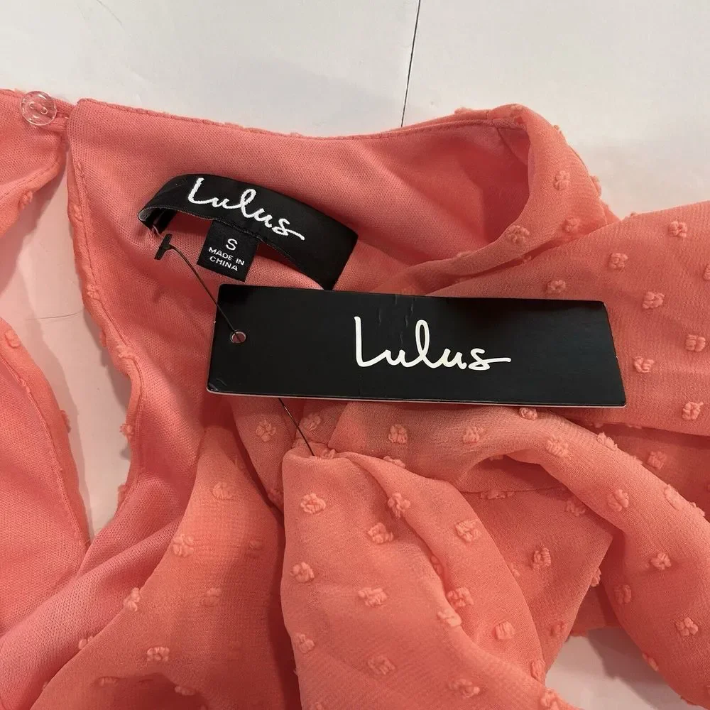 NWT Lulus Meadowlake Coral Orange Swiss Dot Lace Bell‎ Sleeve Romper Size SMALL